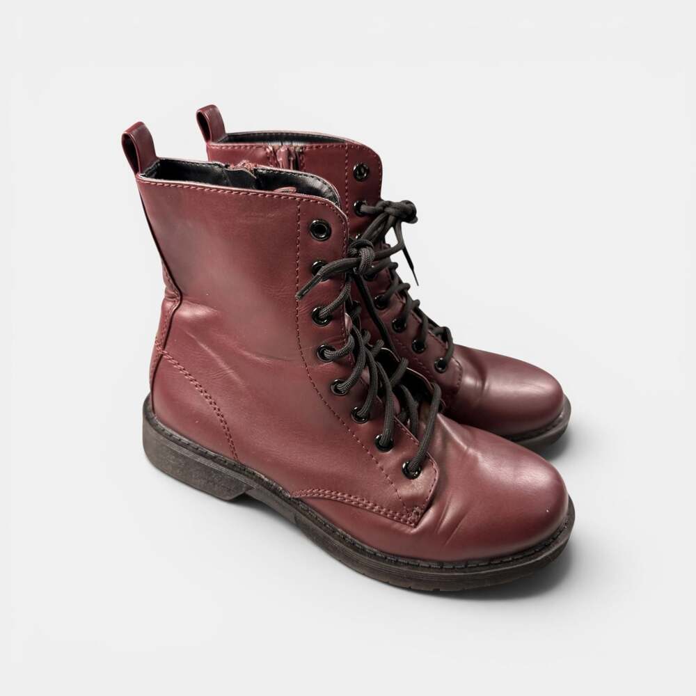 Time and Tru Women's Burgundy Lace-Up Combat Boots with Side Zip